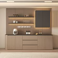 Modern Wooden Wine Cabinet Interior With Black Countertop Coffee Machine Wine Bottles And Glassware