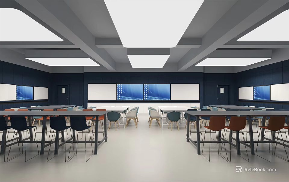 Modern School Classroom Design With Large Screens Tables And Colorful Chairs 3d model 