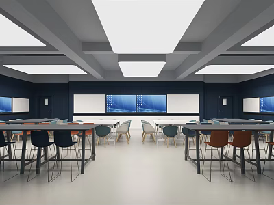 Modern School Classroom Design With Large Screens Tables And Colorful Chairs 3d model