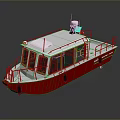 Red And White Boat With Deck Railings Cabin Structure And Top Antenna Equipment