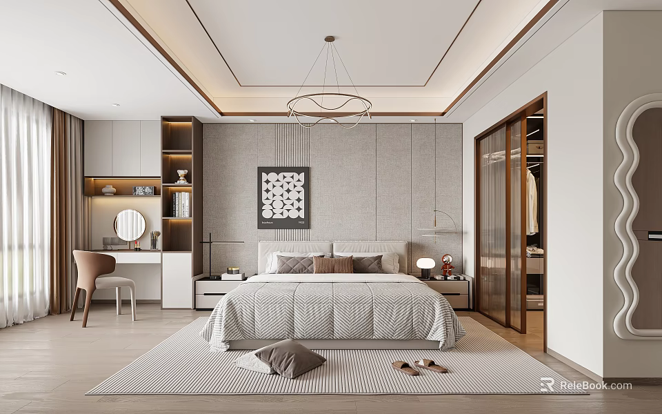 Modern Bedroom Interior With Cozy Bed Pillows Dressing Table Glass Wardrobe And Chandelier 3d model 