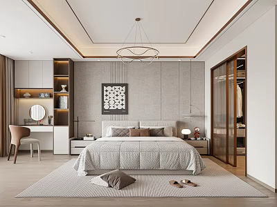 Modern Bedroom Interior With Cozy Bed Pillows Dressing Table Glass Wardrobe And Chandelier 3d model