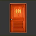 Vibrant Red Toilet Door Interior With Male Female Symbols And Toilets Sign