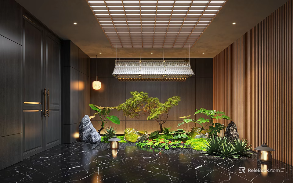 Modern Feature Wall Interior Design With Green Plants Stone Hanging Lighting And Wooden Elements 3d model 