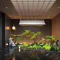 Modern Feature Wall Interior Design With Green Plants Stone Hanging Lighting And Wooden Elements