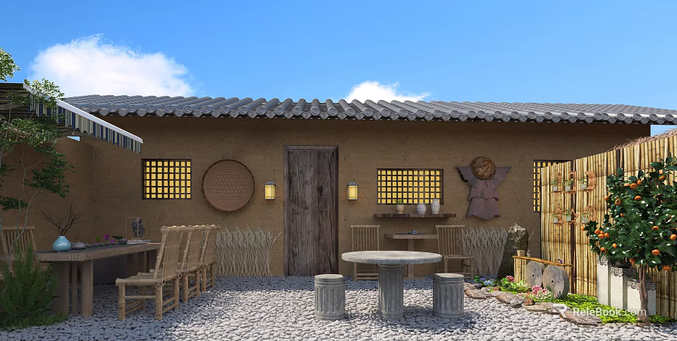 Traditional Garden Courtyard Design With Tile Roof Wooden Door Stone Furniture Bamboo Decor Pebble Ground 3d model 