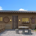 Traditional Garden Courtyard Design With Tile Roof Wooden Door Stone Furniture Bamboo Decor Pebble Ground