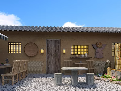 Traditional Garden Courtyard Design With Tile Roof Wooden Door Stone Furniture Bamboo Decor Pebble Ground 3d model