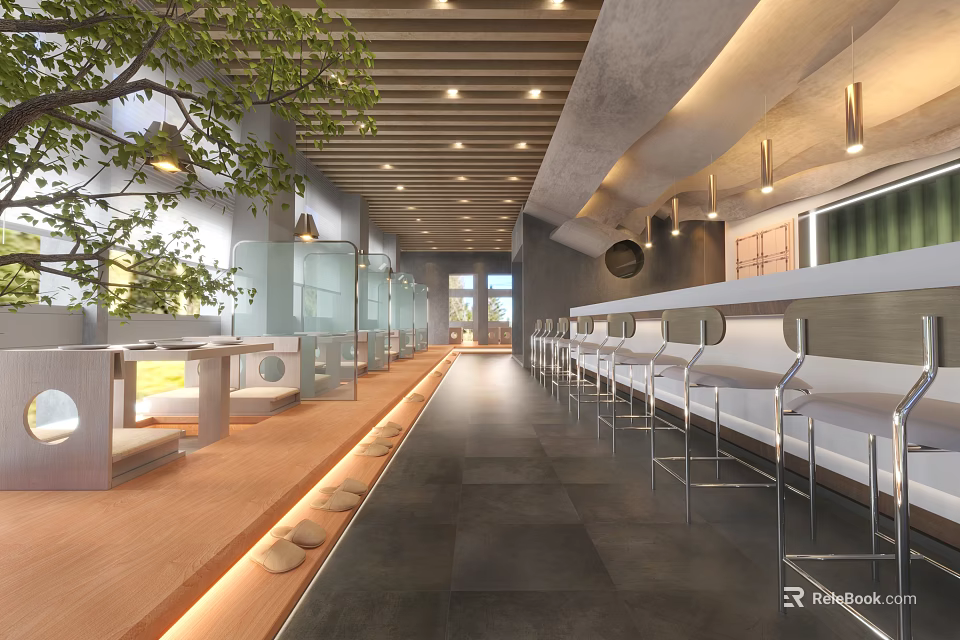 Modern Restaurant Interior With Long Bar Counter High Stools And Green Plants 3d model 