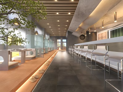 Modern Restaurant Interior With Long Bar Counter High Stools And Green Plants 3d model