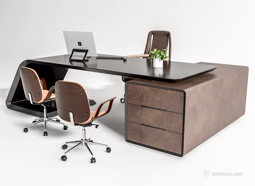 Modern Office Desk With Black Desktop Brown Drawer Cabinet Wheeled Chairs Laptop And Potted Plant 3d model 