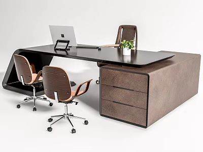 Modern Office Desk With Black Desktop Brown Drawer Cabinet Wheeled Chairs Laptop And Potted Plant 3d model