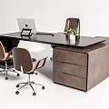 Modern Office Desk With Black Desktop Brown Drawer Cabinet Wheeled Chairs Laptop And Potted Plant