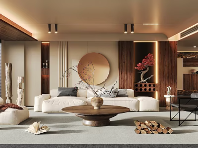 Modern Living Room Interior Design With White Sofa Round Coffee Table Round Mirror And Spotlights 3d model
