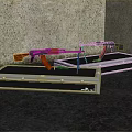 Military Weapons Including Assault Rifles Placed On Metal Storage Cases Against Rough Wall