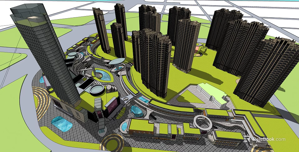 Modern Urban Architectural Complex With High Rise Buildings Green Spaces Water Features And Circular Roads 3d model 
