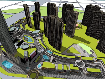 Modern Urban Architectural Complex With High Rise Buildings Green Spaces Water Features And Circular Roads 3d model