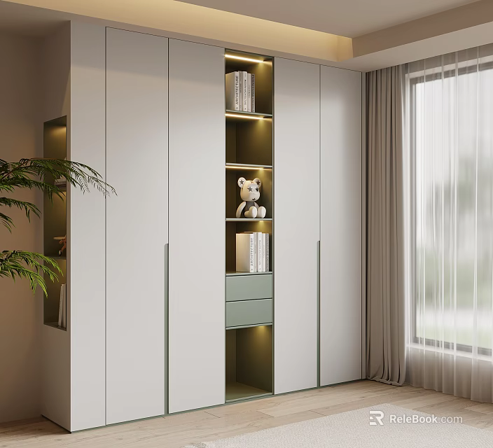Modern White And Light Green Wardrobe With Glass Doors LED Lighting Shelves And Bright Interior 3d model 