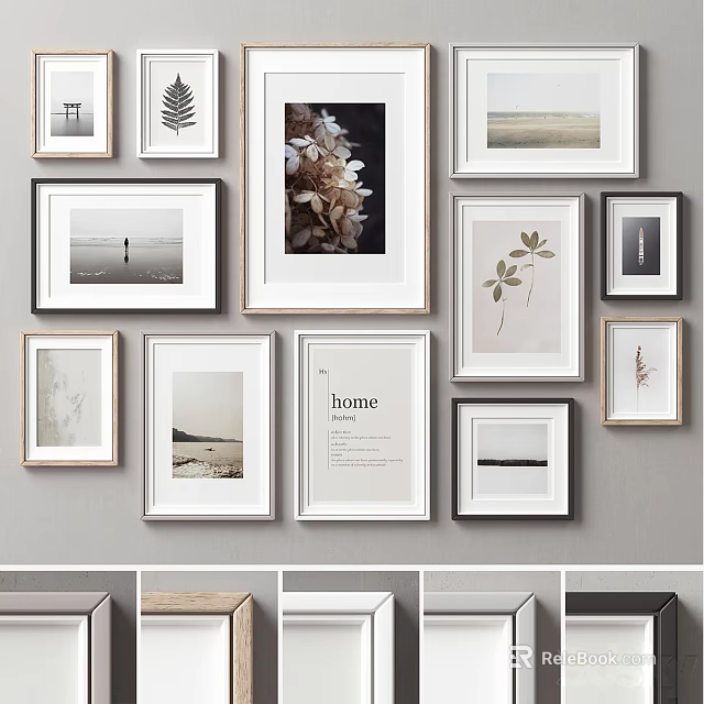 Stylish Gallery Wall With Various Decorative Prints Including Botanical Landscape And Typography Art 3d model 