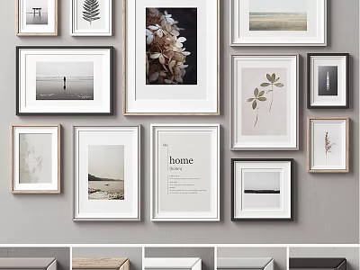 Stylish Gallery Wall With Various Decorative Prints Including Botanical Landscape And Typography Art 3d model