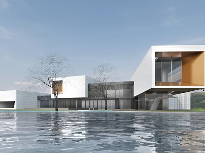 Modern Museum Building With Geometric White Orange Facade Glass Windows And Water Reflection 3d model