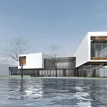 Modern Museum Building With Geometric White Orange Facade Glass Windows And Water Reflection