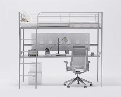 Modern Bunk Bed Design With Desk Chair And Shelf For Small Space 3d model