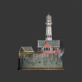 Cartoon Scene With Lighthouse Small Houses Green Grass And Trees On Circular Base