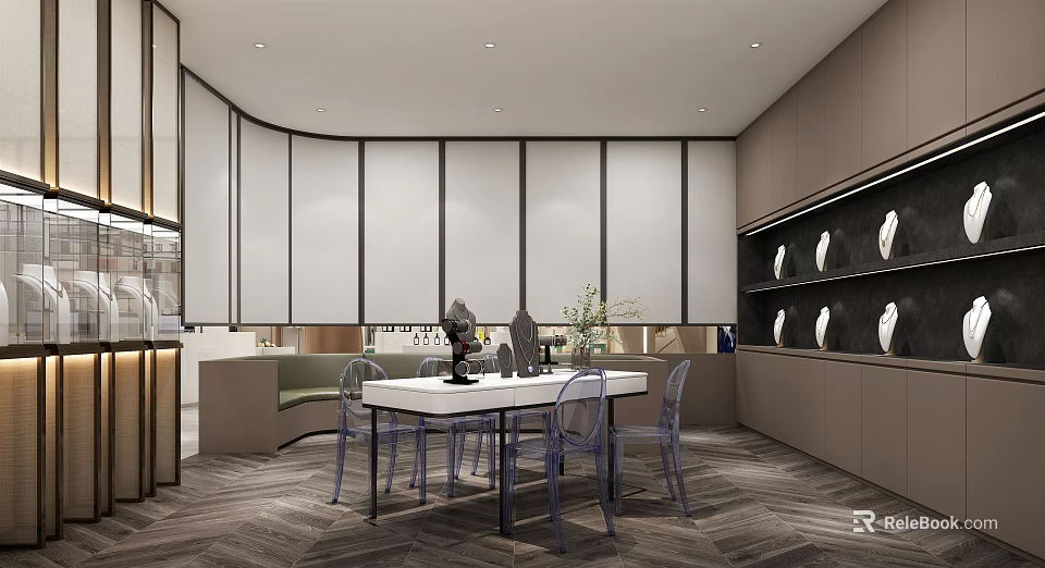 Modern Jewelry Store Interior With Curved Walls Glass Display Cases Transparent Chairs And Green Plants 3d model 