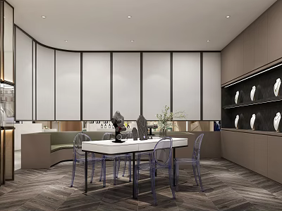 Modern Jewelry Store Interior With Curved Walls Glass Display Cases Transparent Chairs And Green Plants 3d model