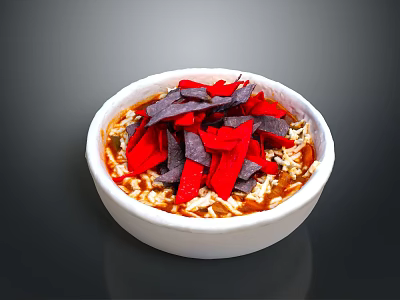 Delicious Bowl Of Food With Red Toppings Dark Crispy Chips And Rice 3d model