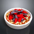 Delicious Bowl Of Food With Red Toppings Dark Crispy Chips And Rice