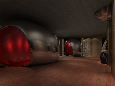 Modern Elevator Corridor With Metallic Pods Red Lighting Brick Floor And Concrete Ceiling 3d model