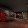 Modern Elevator Corridor With Metallic Pods Red Lighting Brick Floor And Concrete Ceiling