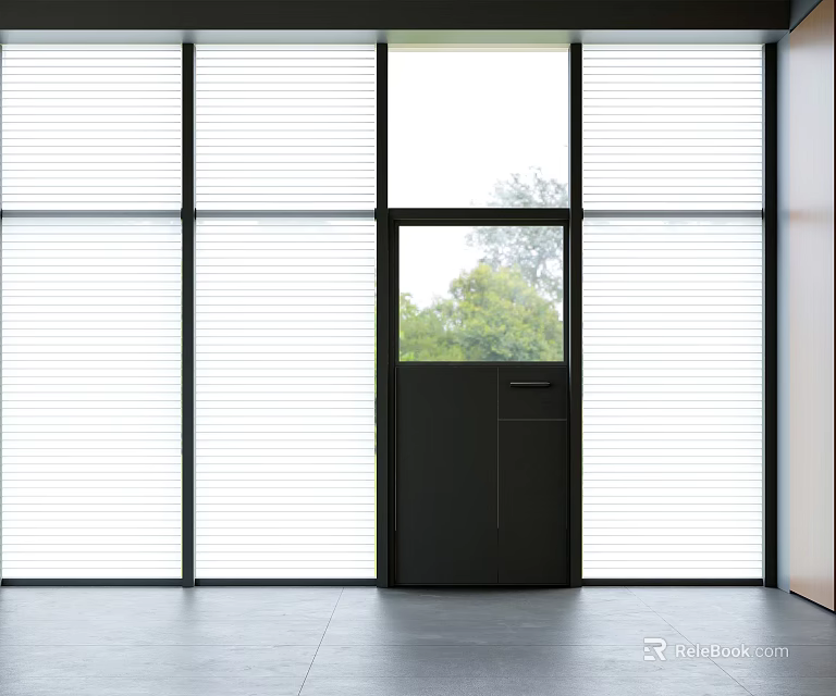 Modern Floor to Ceiling Windows with Blinds and Central Door Overlooking Trees 3d model 