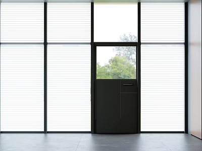 Modern Floor to Ceiling Windows with Blinds and Central Door Overlooking Trees 3d model