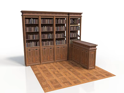 Wooden Bookcase With Multiple Shelves Filled With Books And Side Cabinet On Parquet Floor 3d model