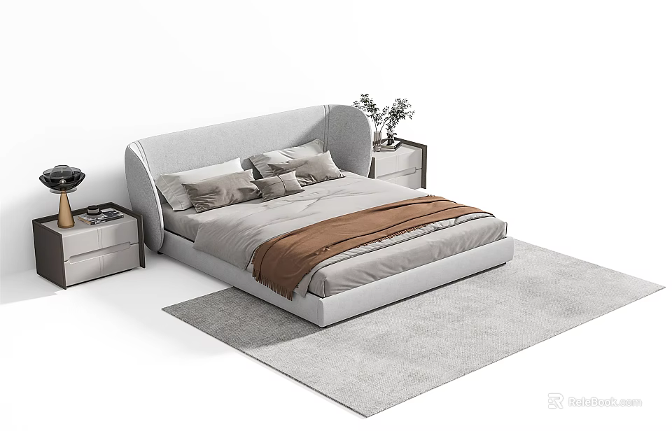 Modern Gray Double Bed with Pillows Brown Blanket Nightstands Lamp and Vase on Rug 3d model 