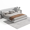 Modern Gray Double Bed with Pillows Brown Blanket Nightstands Lamp and Vase on Rug