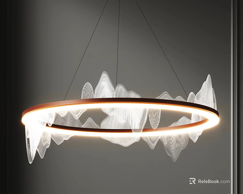 Modern Circular Chandelier With White Leaf Shaped Transparent Decor And Illuminated Ring 3d model 