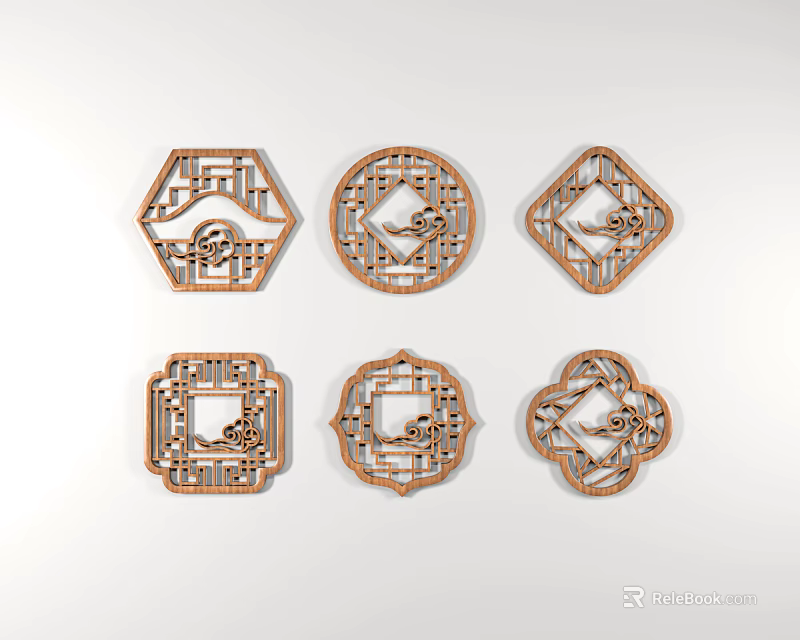 Traditional Carved Lattice Windows In Various Shapes Hexagonal Circular Square Floral 3d model 