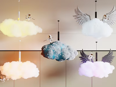 Decorative Cloud Shaped Chandeliers With Colorful Angelic Winged Figures Hanging Design 3d model