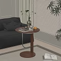 Modern Wooden Side Table Beside Black Sofa with Cup Magazine and Plant Near Window Blinds