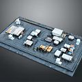 Detailed Miniature Workspace Layout Model With Multiple Tables Cabinets And Equipment