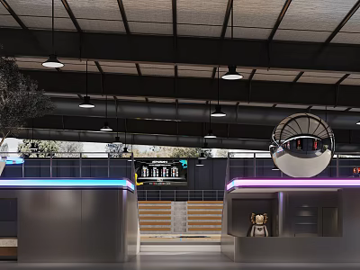 Modern Basketball Gym Interior With Hanging Lights Spectator Seats And Service Counter 3d model