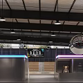 Modern Basketball Gym Interior With Hanging Lights Spectator Seats And Service Counter
