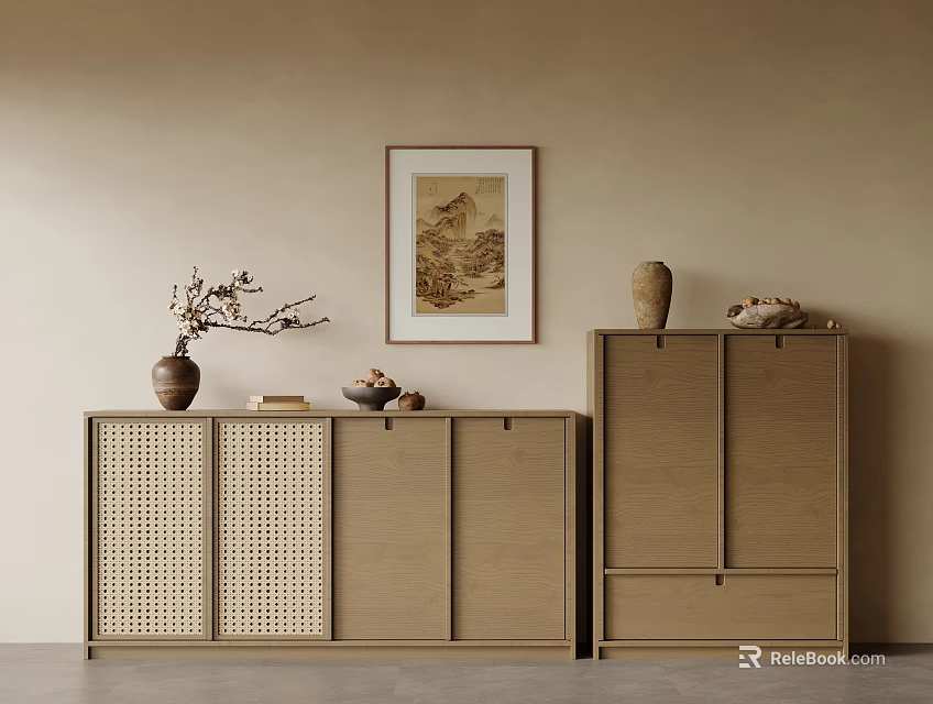 Modern Entryway Cabinet And Side Cabinet With Wooden Lattice Design And Storage Space 3d model 