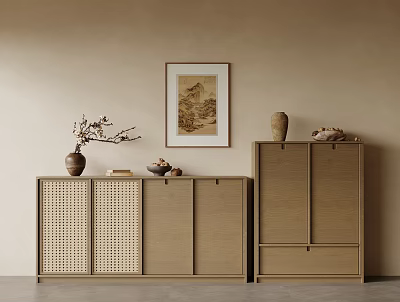 Modern Entryway Cabinet And Side Cabinet With Wooden Lattice Design And Storage Space 3d model