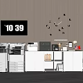 Essential Office Appliances Including Printers Copiers Storage Cabinets in Organized Office With Digital Wall Clock