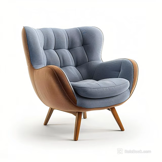 Comfortable Stylish Single Chair Featuring Blue Upholstery Wooden Armrests And Modern Curved Design 3d model 